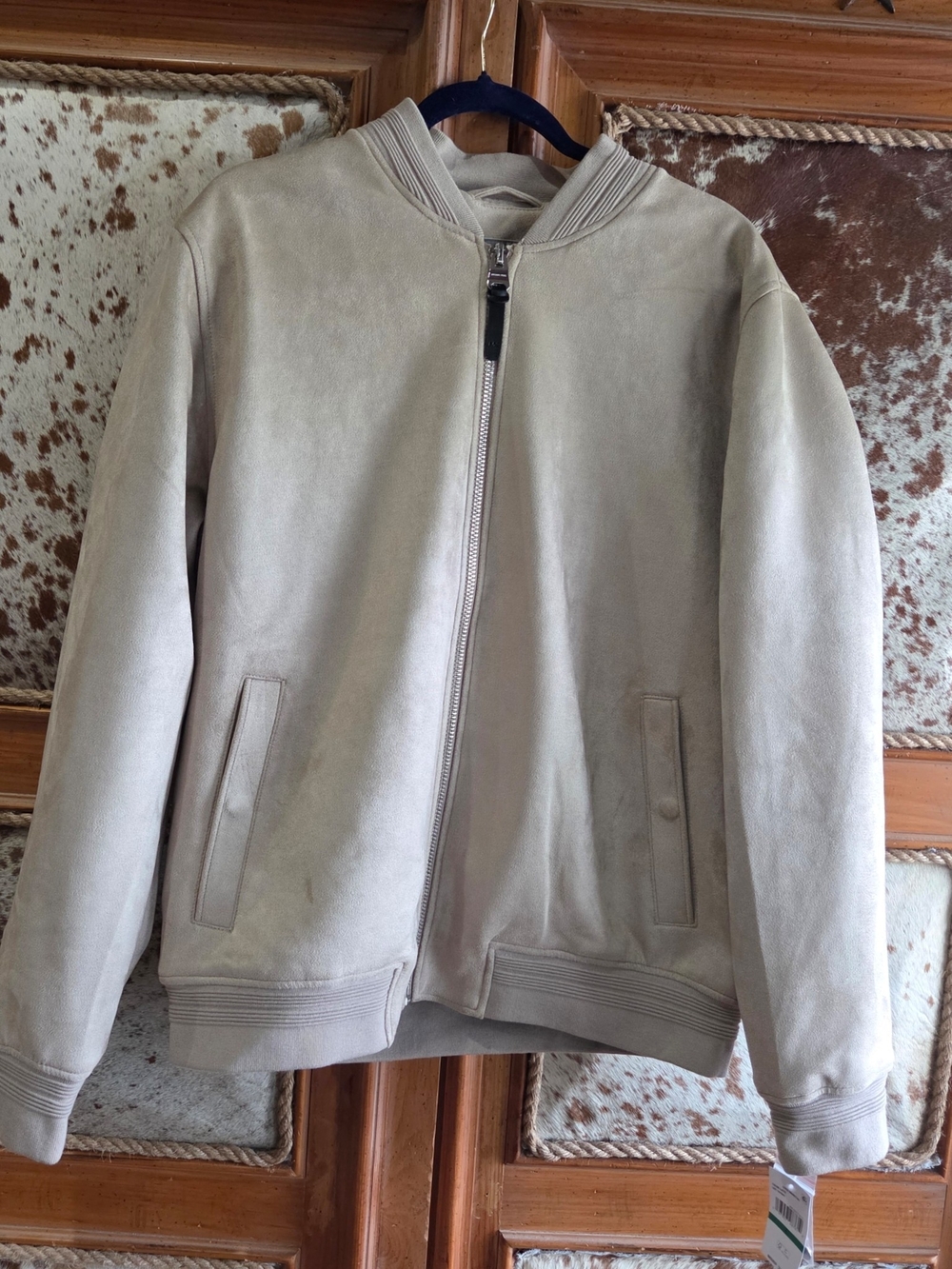 Men's Light Beige Faux Suede Bomber Jacket - Classic Neutral Style